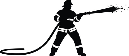 silhouette of a fire brigade man throwing water by a pipe 