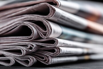 Closeup view of stacked newspapers showcasing daily news from recent days in a cozy, urban setting during the morning hours