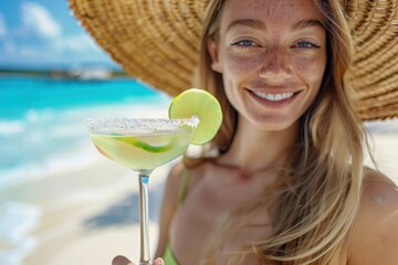 Close-up portrait of a happy blonde woman in a straw hat, smiling with freckles, holding a chilled Margarita cocktail against a beautiful turquoise tropical beach backdrop.