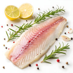 Raw sea bass fillet isolated on white background showcasing fresh fish ingredient ideal for cooking, recipes,