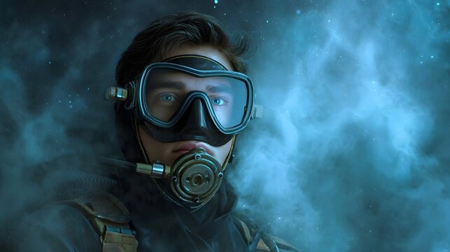 Close up portrait of an explorer in vintage diving gear amidst cosmic mist and stars - Powered by Adobe