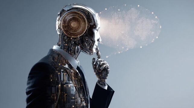 Robot in suit thinking with digital thought bubble - Powered by Adobe