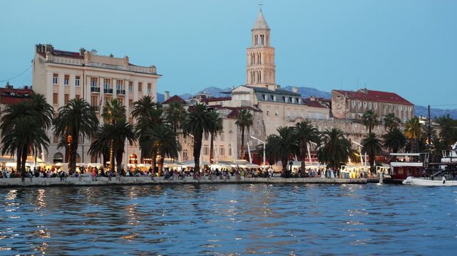 Evening in Split - Croatia, view of port from water. Parking of watercraft in Adriatic Sea, parking place for yachts and ships.