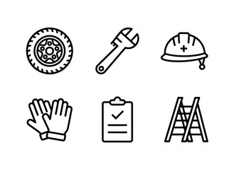 Fototapeta premium Spare Tire Pipe Wrench Safety Helmet Gloves Maintenance Checklist Minimal Bold Line Icon Set