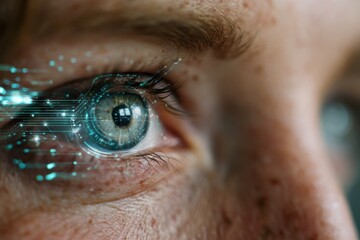 Person scans holographic data with augmented eye technology in a futuristic setting, showcasing advanced interfaces and digital elements