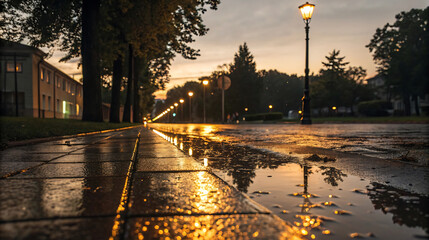 Wet pavement reflecting street light after rain at dusk