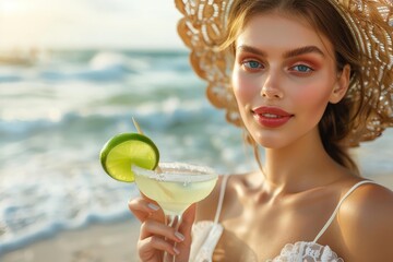 Stunning woman with bright blue eyes holds a refreshing Margarita cocktail, enjoying a luxury tropical beach vacation at sunset, embodying summer resort elegance.