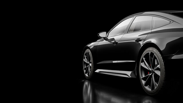 Luxury Black Sedan Side View on Dark Studio Background: Elegance, Power, and Premium Corporate Transportation