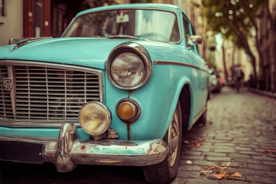 Vintage retro car parked on a cobblestone street surrounded by historic buildings in a charming city - Powered by Adobe