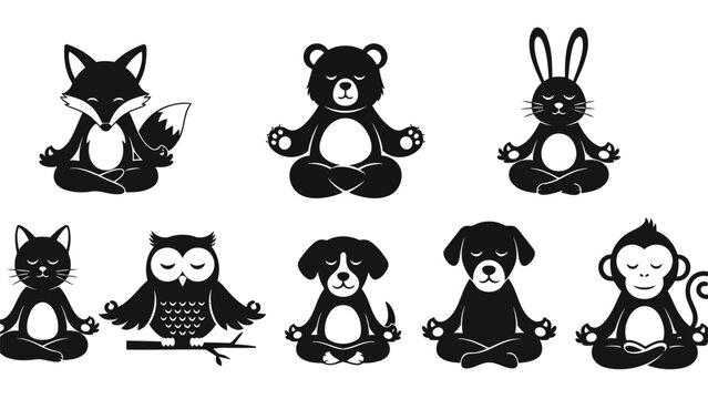 Charming flat vector illustration set featuring various wild and domestic animals meditating peacefully with closed, isolated on white background