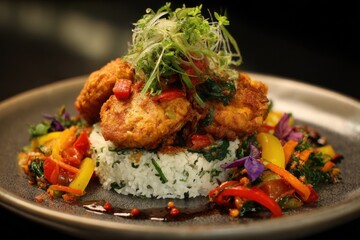 Savory fusion dish featuring golden fritters placed on a bed of fluffy rice, surrounded by colorful vegetables on a sleek, dark plate