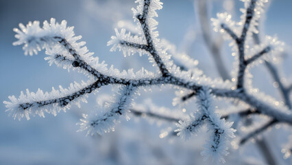 Frost-Covered Branches in Winter Close-Up