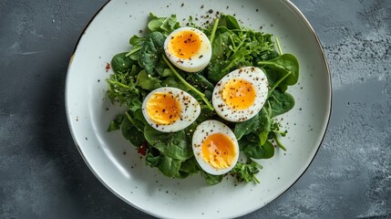 Fresh Salad With Soft Boiled Eggs Served on a White Plate for a Healthy Meal