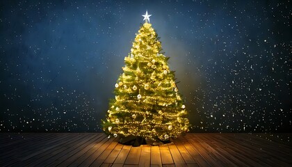 Christmas tree shining with lights and ornaments, set against a blue background with falling snowflakes