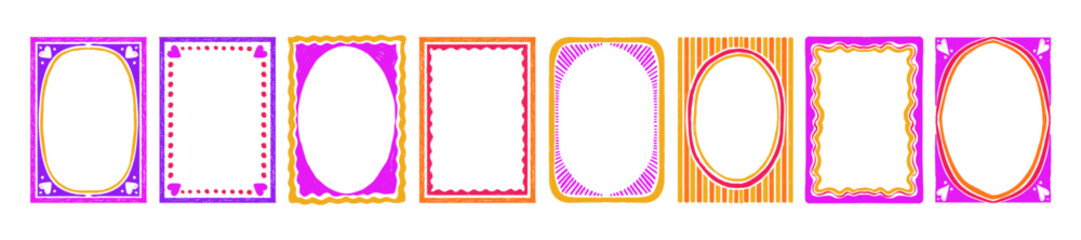 Hand drawn cute doodle frames, cartoon funny colorful borders, holiday birthday postcard decor print. Funky ornamental oval rectangle shapes, picture decoration graphic. Cute pencil texture frame set