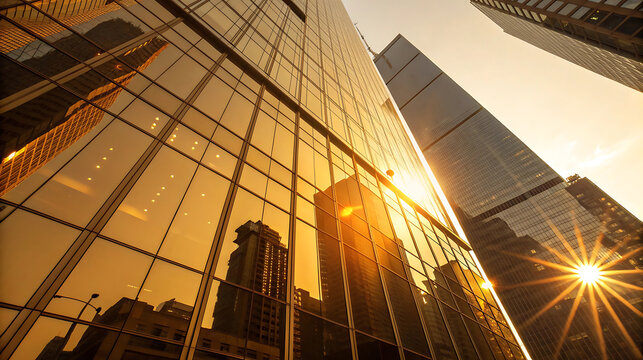 Modern skyscraper facade reflecting golden sunset light