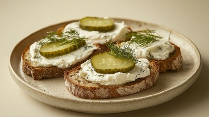 Delicious Open-Faced Sandwich With Cream Cheese and Pickles on Rustic Bread