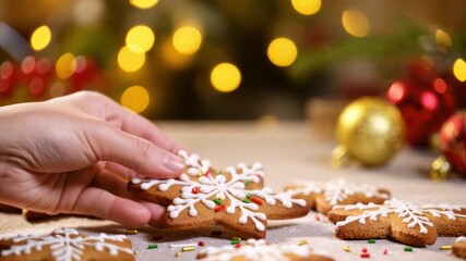 Hand holding a snowflake-shaped gingerbread cookie decorated with white icing and sprinkles. Blurred Christmas lights and baubles in background. Sweet holiday treat. Cozy festive mood. - Powered by Adobe