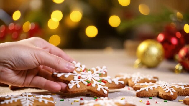 Hand holding a snowflake-shaped gingerbread cookie decorated with white icing and sprinkles. Blurred Christmas lights and baubles in background. Sweet holiday treat. Cozy festive mood.