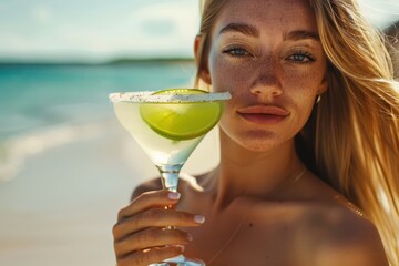 Sun-kissed portrait of a beautiful blonde woman with freckles holding a refreshing Margarita cocktail with lime garnish on a vibrant tropical beach during summer vacation.