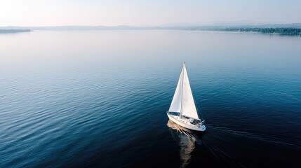Fototapeta premium Sailing across calm waters at dawn near a serene lakeside landscape in early morning light