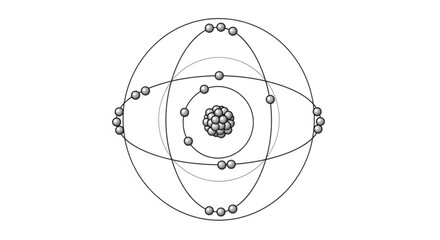 Atom model with nucleus and orbiting electrons depicted in a simplified diagram on a white background.