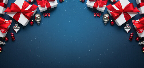 Merry Christmas and Happy Holidays greeting card, frame, banner, border. New Year. Noel. Red and...