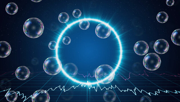 Neon Ring and Bubbles: An ethereal display of luminescent circles, spheres and shimmering bubbles float against a deep blue background, with subtle waveforms that create a sense of movement.