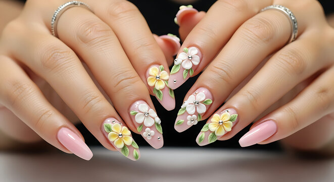 Hands display a pink manicure with intricate 3D floral designs. White, yellow blossoms, green leaves, and subtle shimmer create a sophisticated, beautiful style