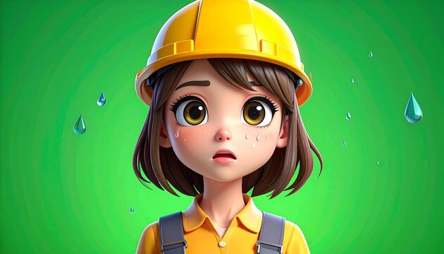 Cartoon girl with wide eyes, wearing a yellow hard hat and overalls, set against a vibrant green background