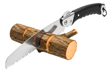 Sharp folding hand saw cutting through wooden log with sawdust flying on a transparent background