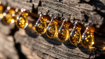 Close up of golden sap drops hanging from a weathered wooden surface in natural sunlight outdoors