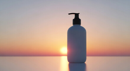 Elegant bottle of lotion against a serene sunset backdrop evokes tranquility and natural beauty, ideal for wellness and beauty campaigns