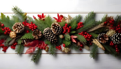 Festive Christmas garland with vibrant red berries, pine cones, and evergreen branches on rustic white wood for holiday cheer and seasonal celebrations