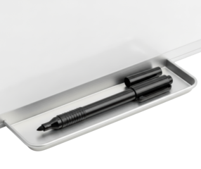 Black dry-erase marker lying in metal tray attached to whiteboard on a transparent background