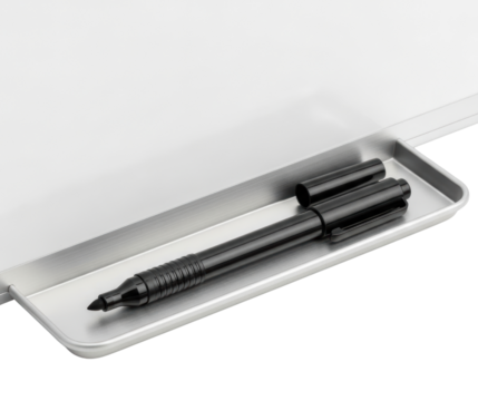 Black dry-erase marker lying in metal tray attached to whiteboard on a transparent background