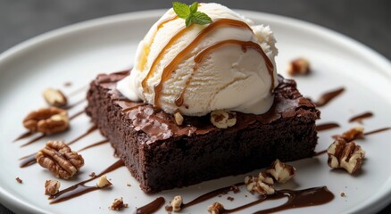 Delicious Brownie Dessert Topped With Ice Cream and Caramel Sauce