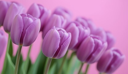 Beautiful Purple Tulips Arranged Against a Soft Pink Background, Creating a Vibrant Floral Display
