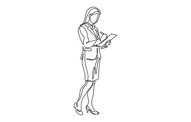 Continuous line drawing of young happy female worker standing while write business note from mentor on paper at clipboard. Isolated on transparent background