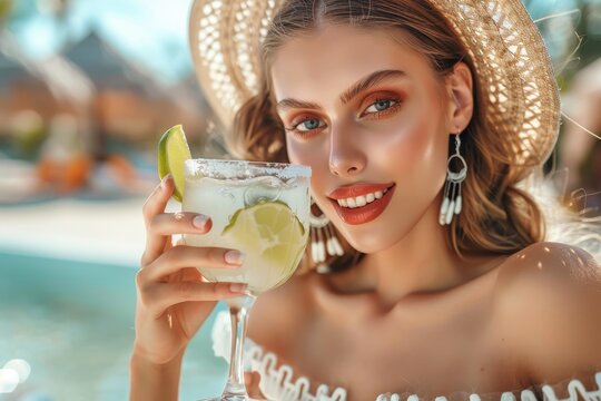 Stunning young woman enjoying a refreshing lime Margarita cocktail by the swimming pool on a sunny tropical vacation, wearing a fashionable straw hat and smiling happily. - Powered by Adobe