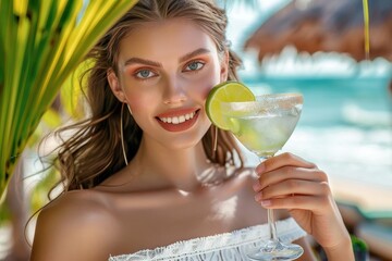 Happy Young Woman Smiling, Holding a Refreshing Margarita Cocktail with Lime on a Tropical Beach Resort During Summer Vacation.