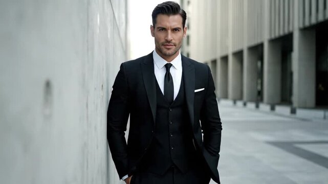 Handsome man in elegant black three-piece suit, urban professional portrait