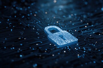 Immersive cyber security interface showcasing data protection with digital lock on a circuit board at night