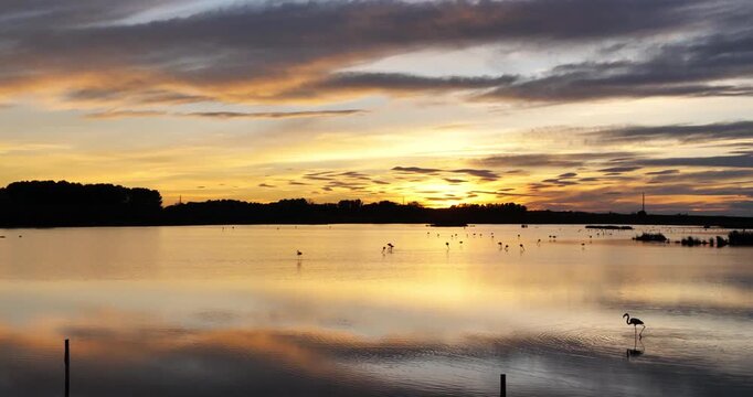 Sunset over ponds, the Camargue, Southern France