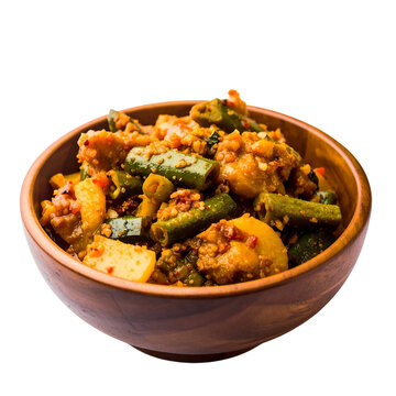 traditional bhindi gosht salan in a wooden bowl on white or transparent background