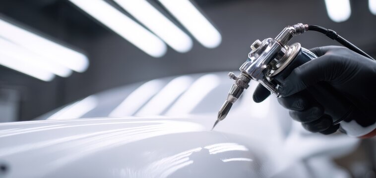 The car hood being spray-painted by a technician in a professional auto body shop - Powered by Adobe