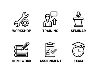 Workshop Training Seminar Homework Assignment Exam Minimal Bold Line Icon Set