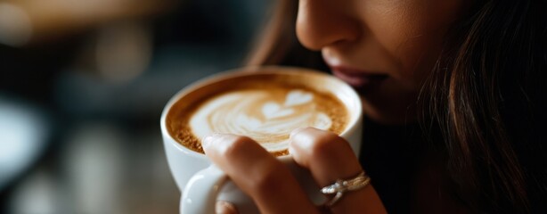 The Latte Cup Held by Woman Savoring Warm Coffee with Heart Latte Art