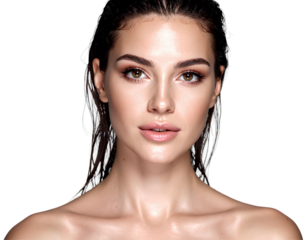 Radiant young female model with wet hair and flawless skin, elegant makeup, professional studio beauty portrait for fashion and advertising, isolated on a transparent background, PNG