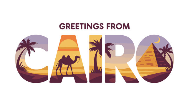Greetings from Cairo: Vector Illustration with Egyptian Landmarks, Featuring Pyramids, Palm Trees, and Desert Landscapes in a Retro Style Design